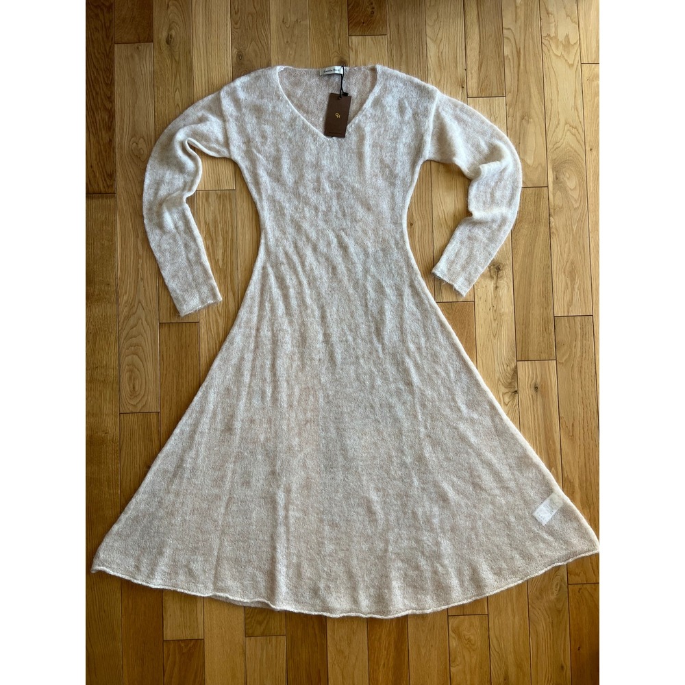 NEW Gentle Herd Sheer Overlay Mohair Wool Long Sleeve A Line Knit Midi Dress L